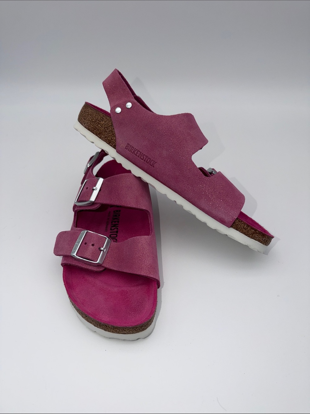 Birkenstock Milano Pink Shimmer Suede Two-Buckle Sandals sz 9 / 40